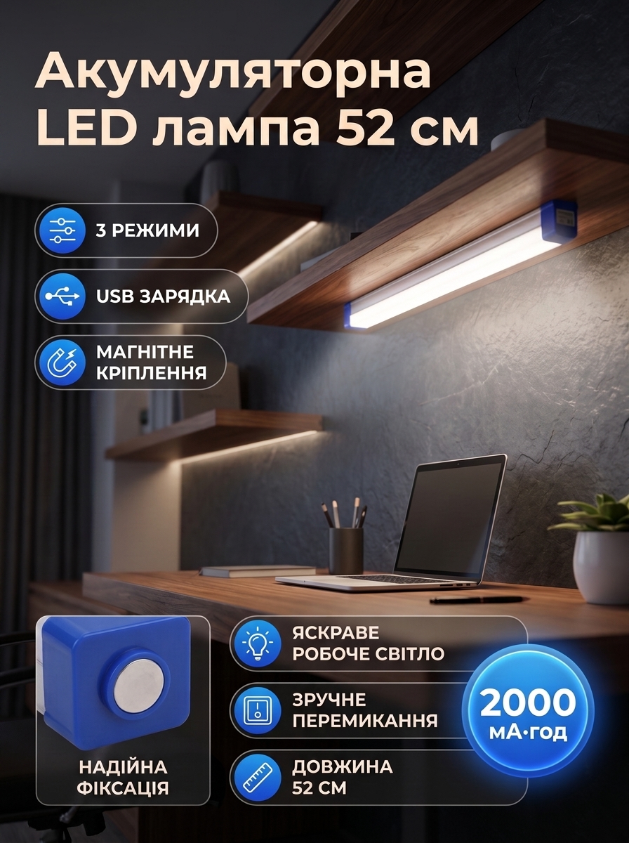 Акумуляторна LED лампа довжиною 52 см з магнітом