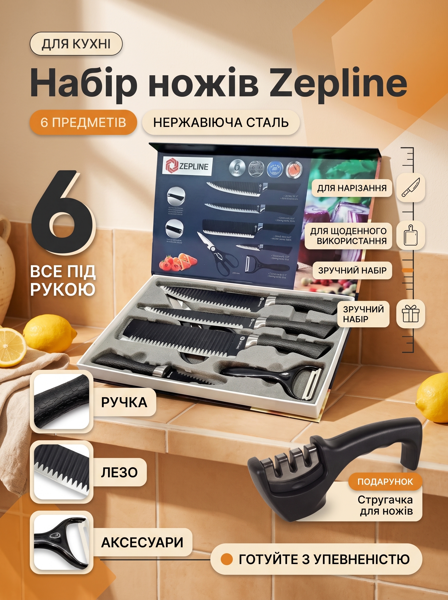 Набір кухонних ножів Zepline з нержавіючої сталі