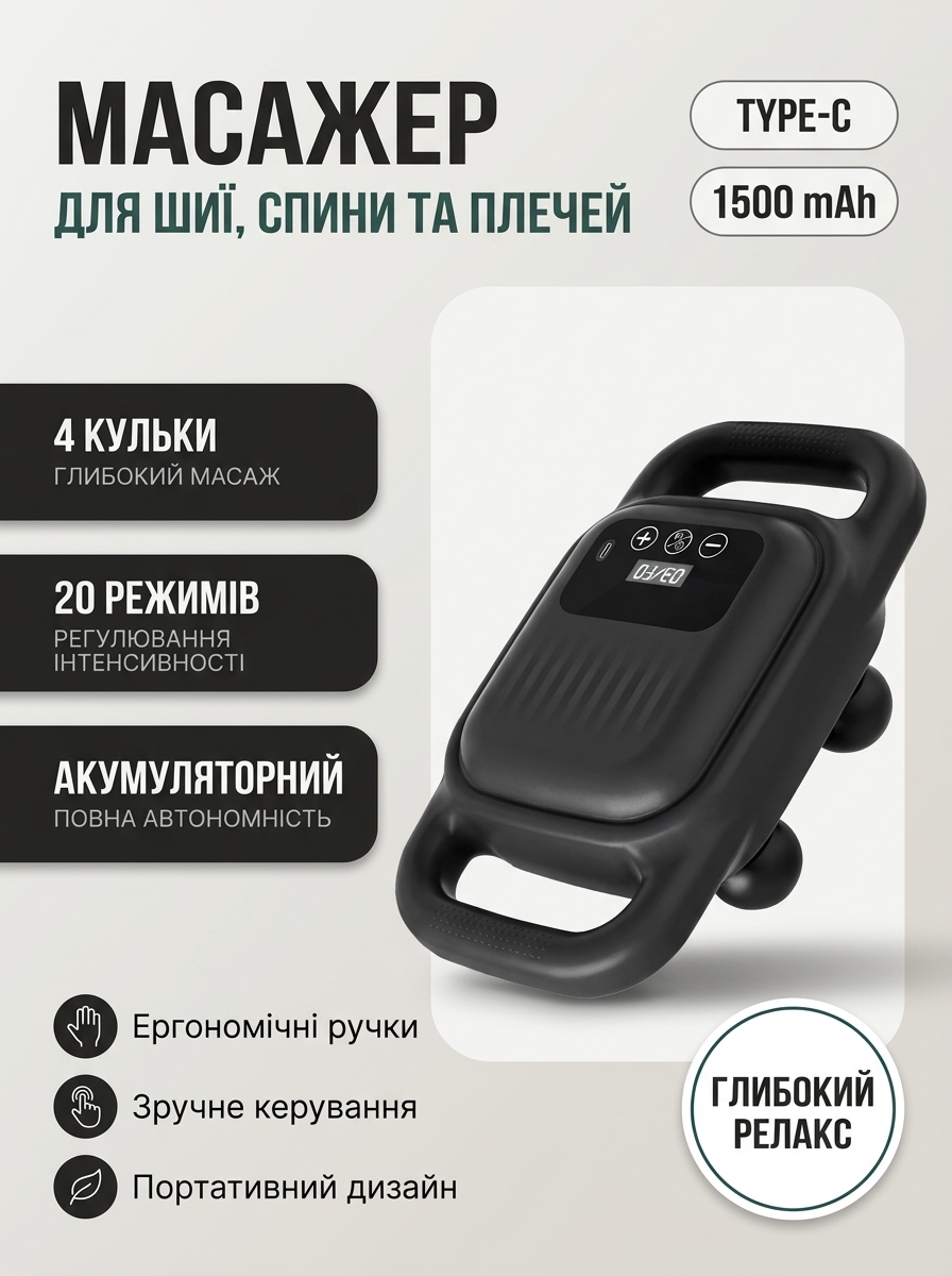 Масажер для шиї спини та плечей з регулюванням інтенсивності