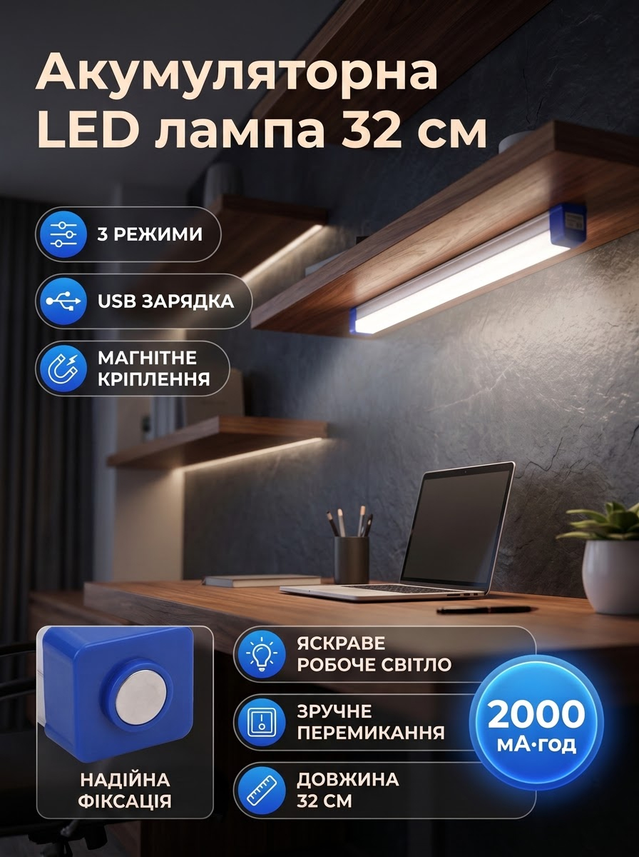 Акумуляторна LED лампа довжиною 32 см з магнітом
