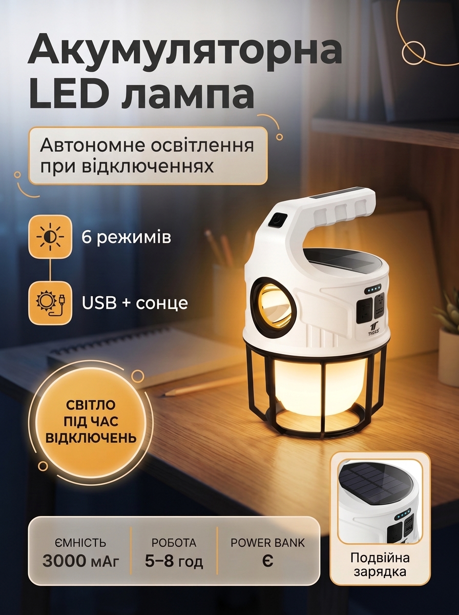 Акумуляторна LED-лампа з павербанком, сонячною панелью та акумулятором