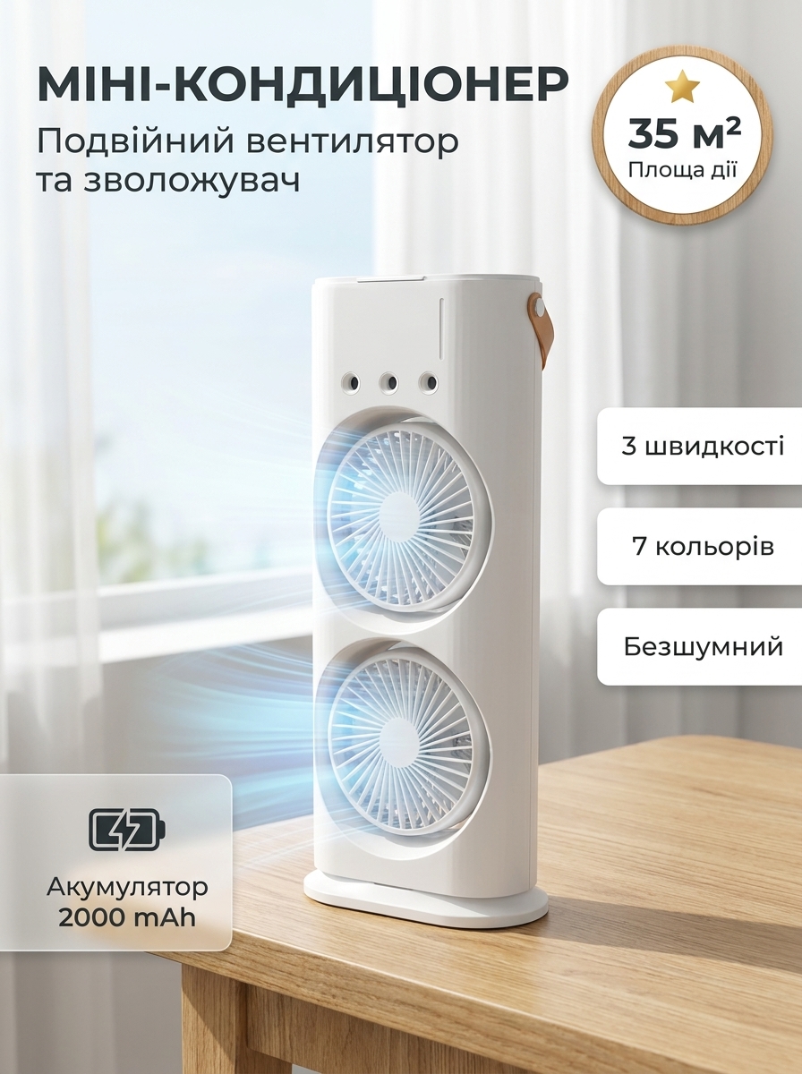 Вентилятор-кондиціонер подвійний зі зволоженням і підсвічуванням акумуляторний USB
