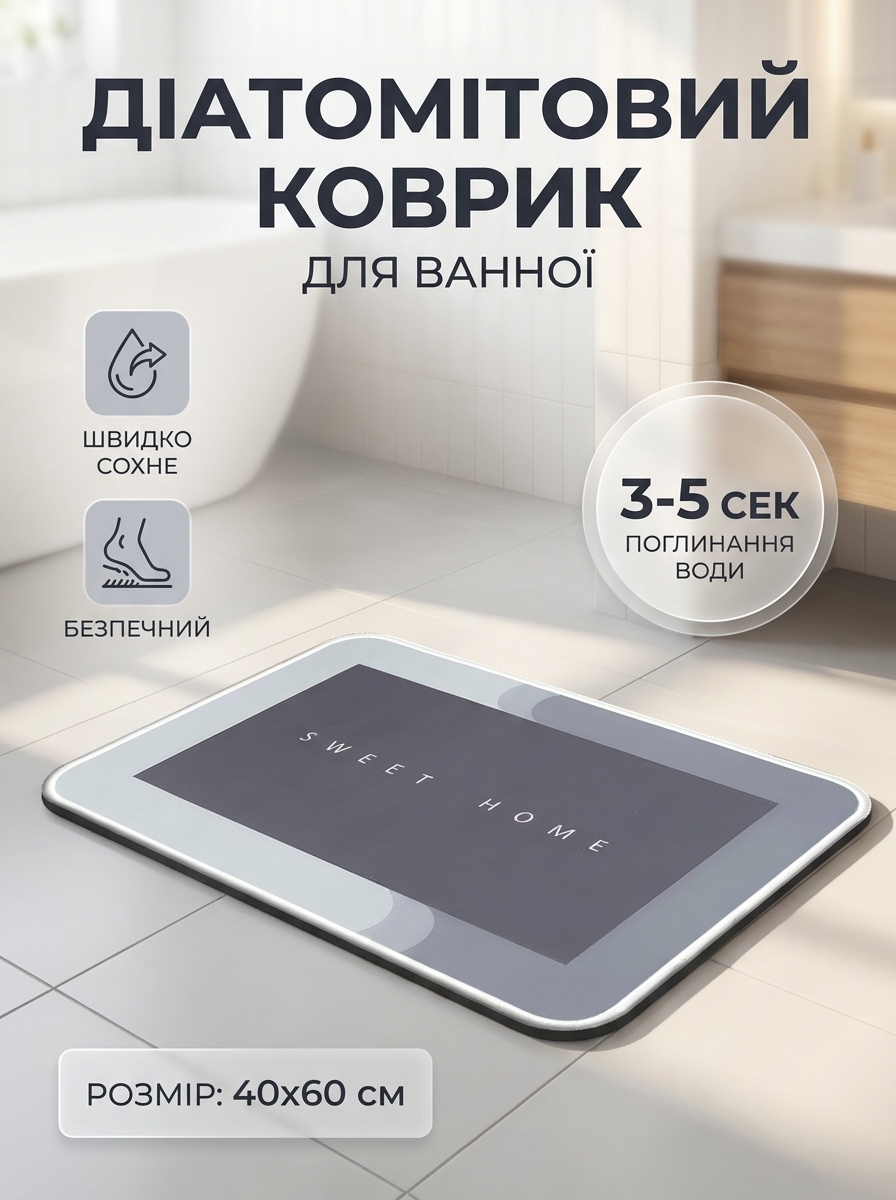 Швидковисихаючий поглинаючий килимок для ванної діатомітовий 40x60cм