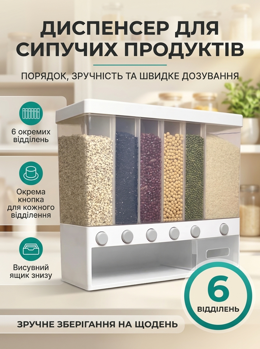Диспенсер для сыпучих продуктів на 6 відсіків