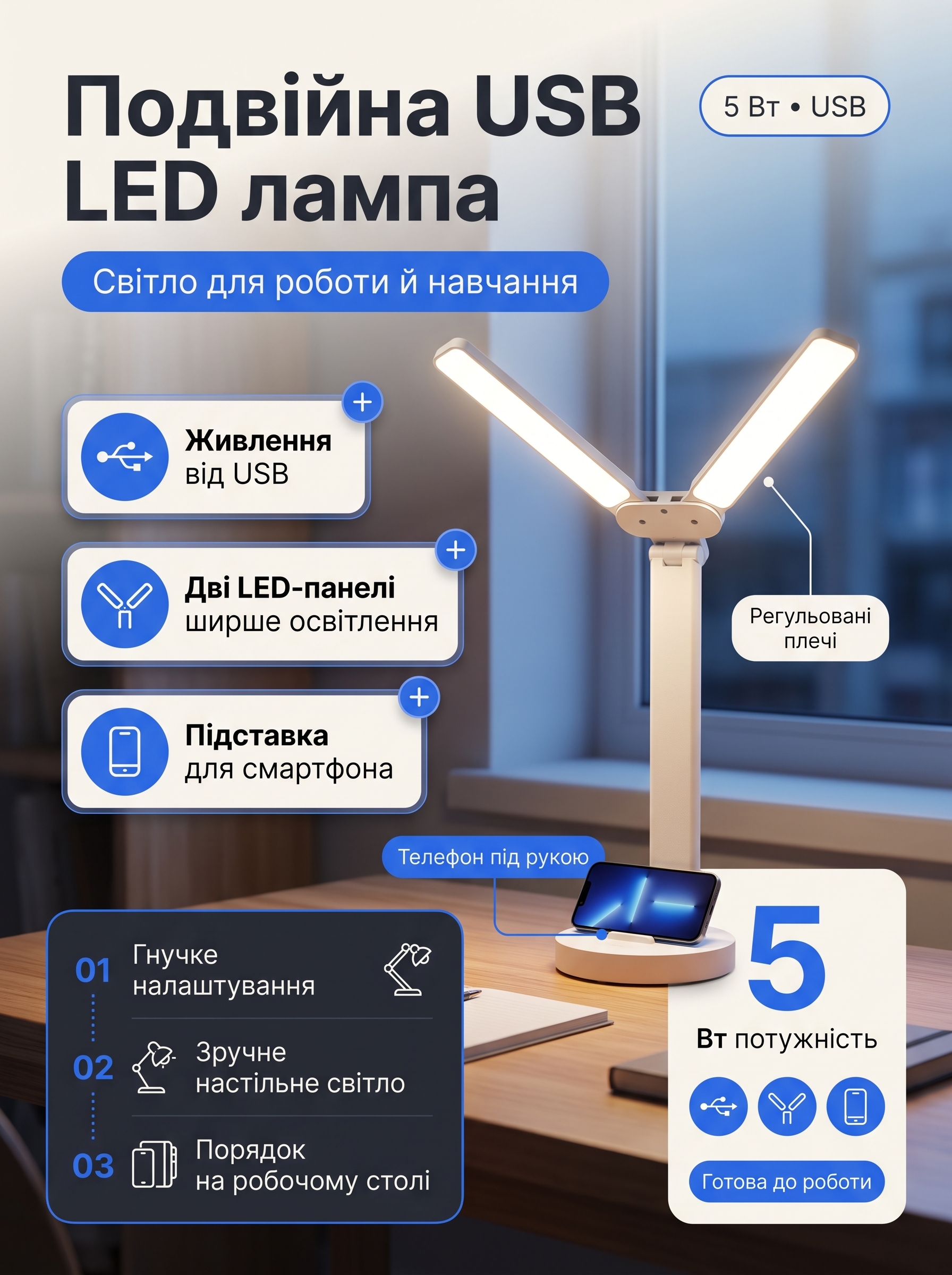 Настільна LED-лампа потужністю 5 Вт