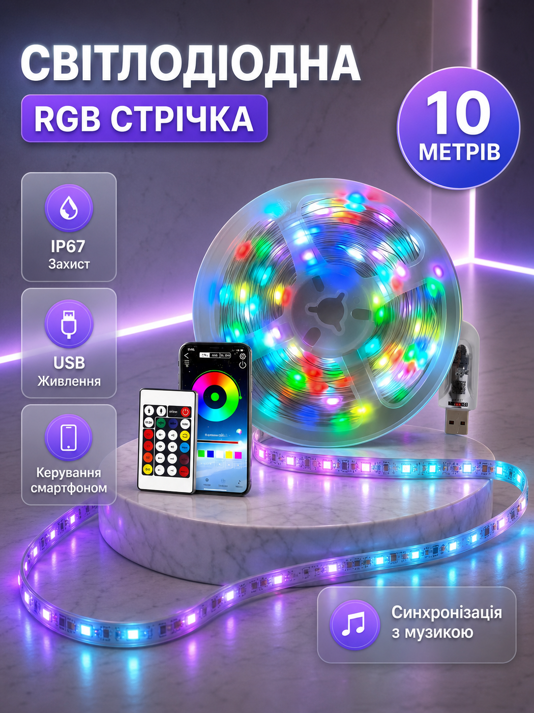 Світлодіодна RGB стрічка 10 м