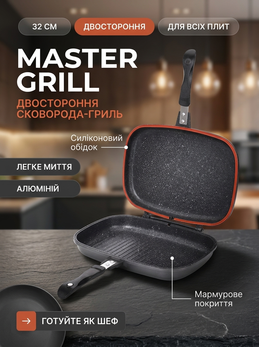 Двостороння сковорода-гриль MASTER GRILL із мармуровим покриттям