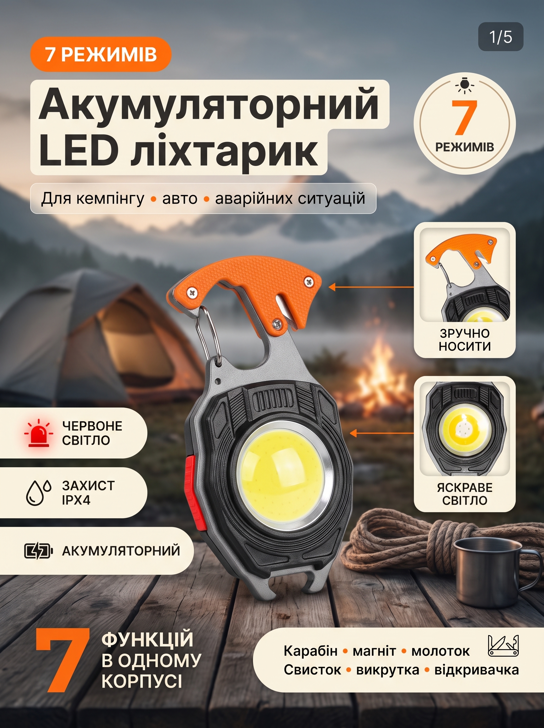 Акумуляторний LED ліхтарик із 7 режимами