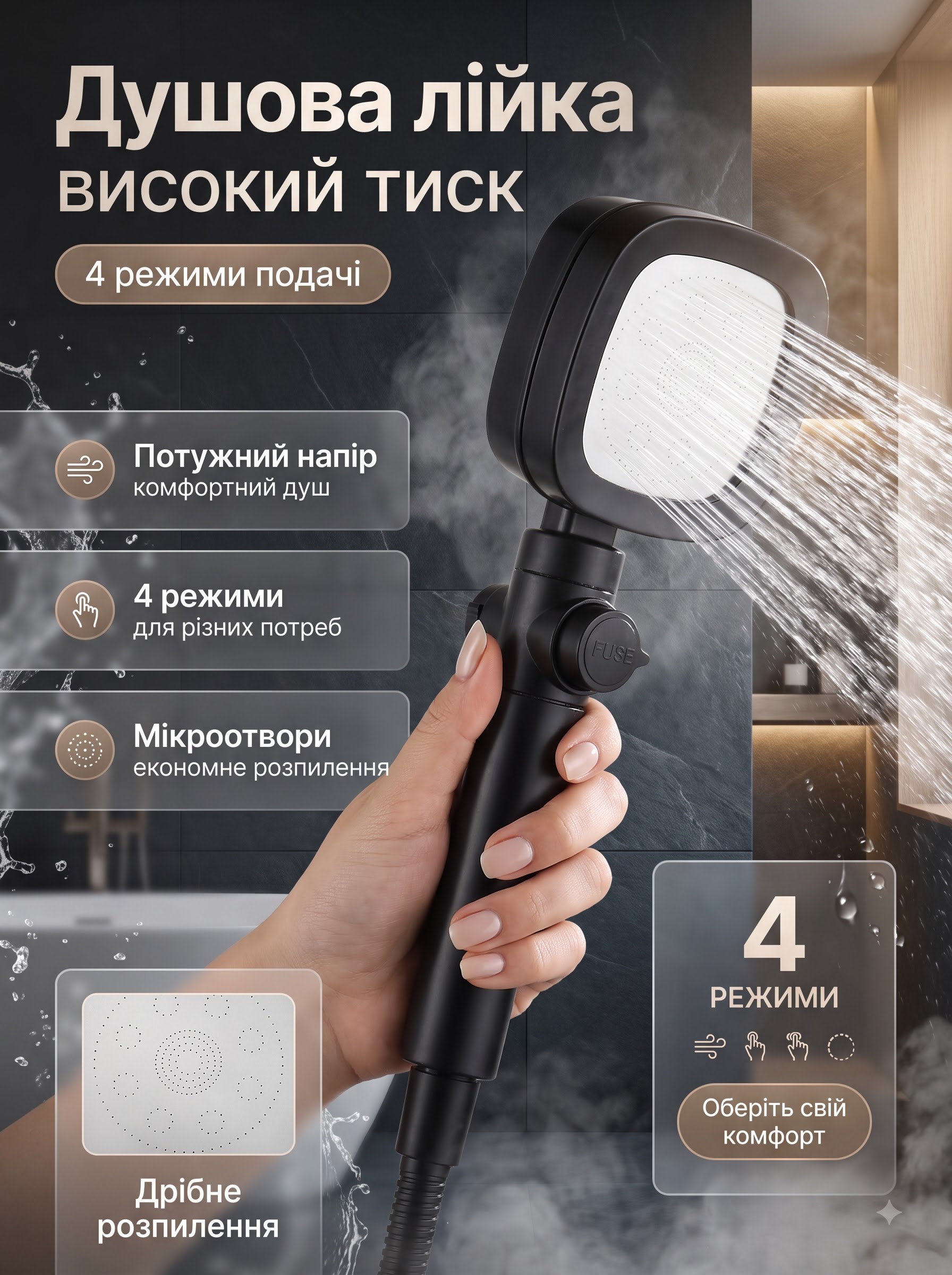 Лійка для душу високого тиску з 4 режимами